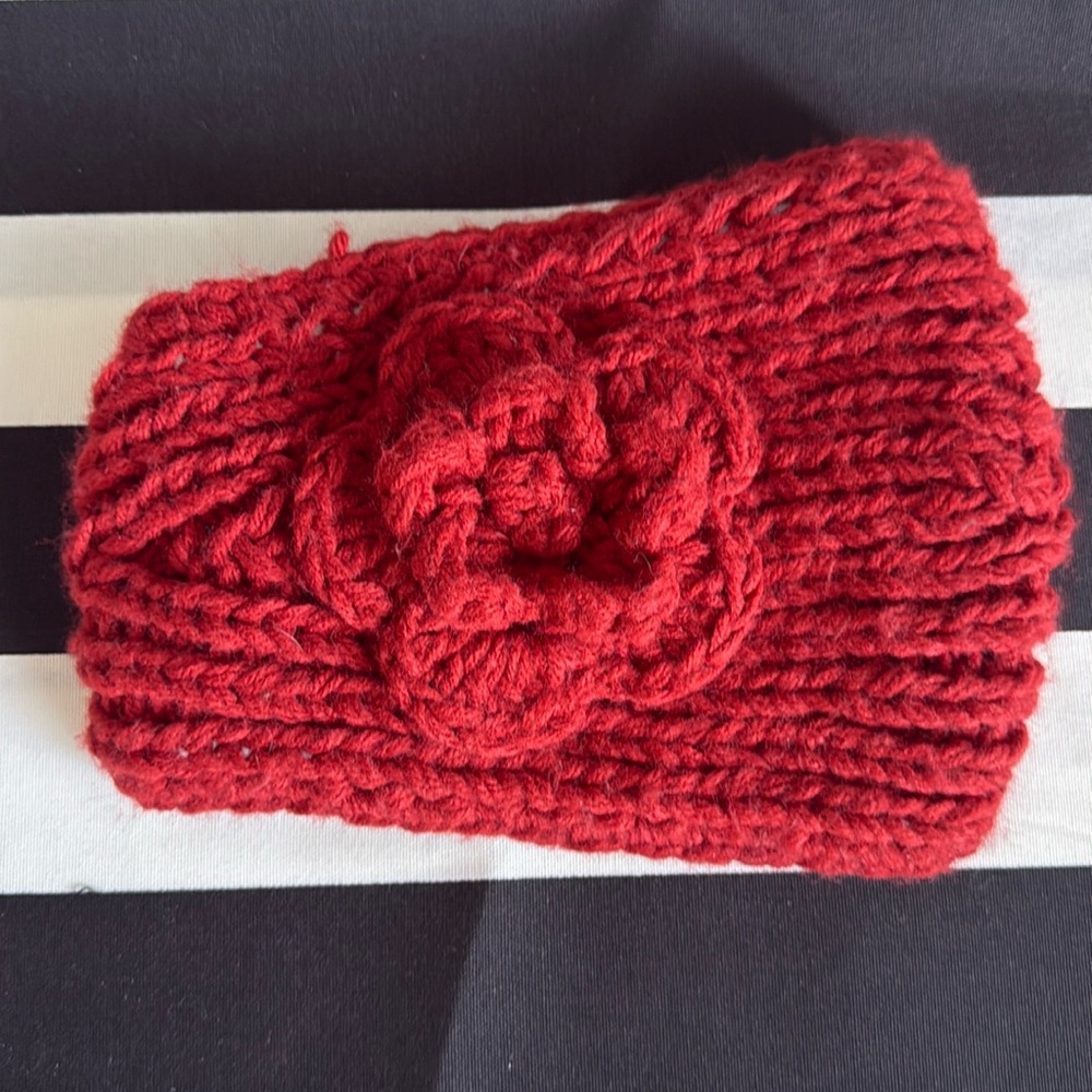 Headband Knit Ear Warmer Head Cover Embellished with Crochet Flower
Rust Color